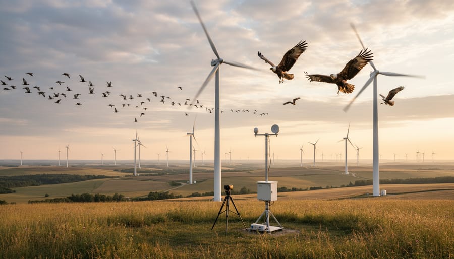 Bird of prey flying near wind turbine blade showing wildlife collision risk