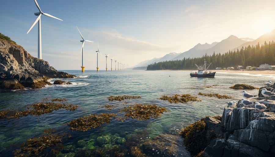 Offshore wind turbines under construction in ocean waters with maintenance vessel