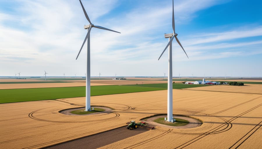 Wind turbines rising above active wheat field with farming equipment
