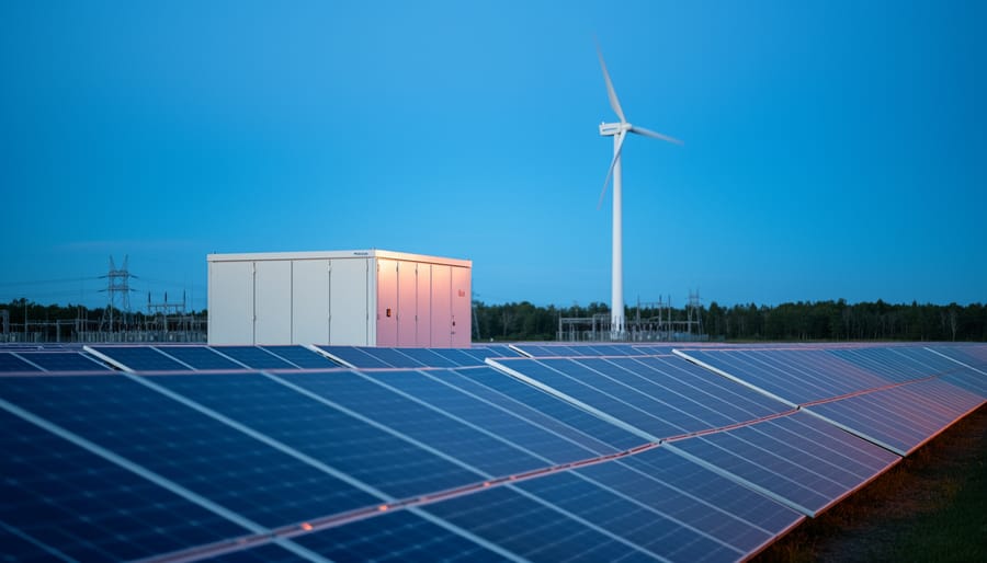 Wind turbine, solar panels, and a battery storage system at dusk in a Canadian-inspired renewable energy landscape.