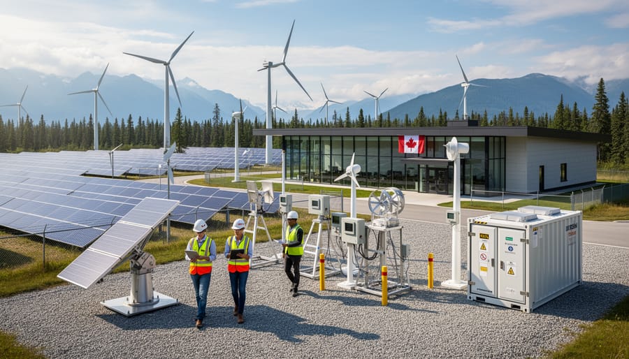 Workers and turbine-like renewable energy infrastructure outside a modern Canadian research facility at dusk