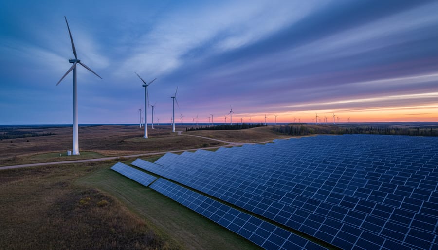 Wind turbines and solar panels on Canadian terrain during dusk with dramatic twilight lighting