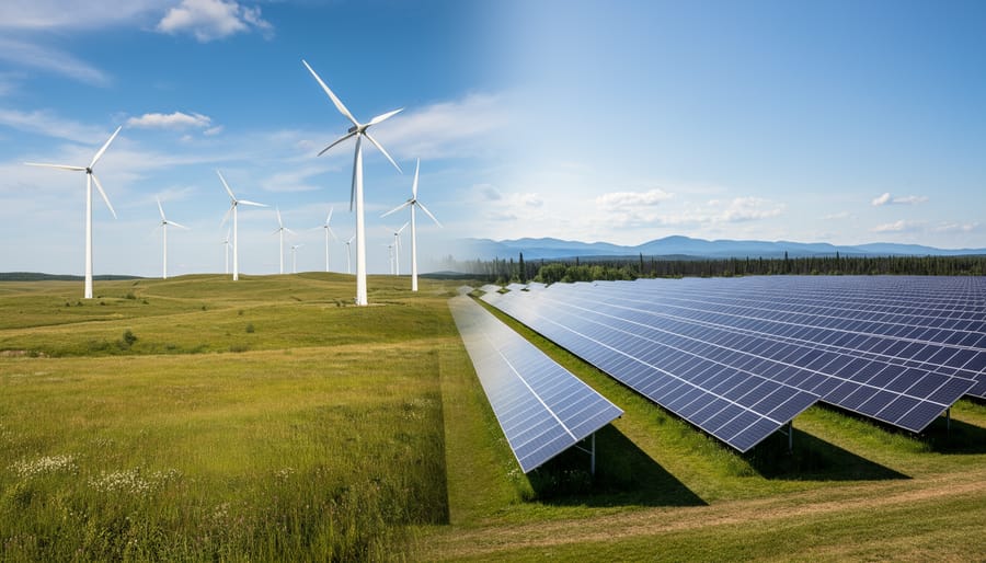 Wind turbine and solar panels in a Canadian landscape under an overcast sky
