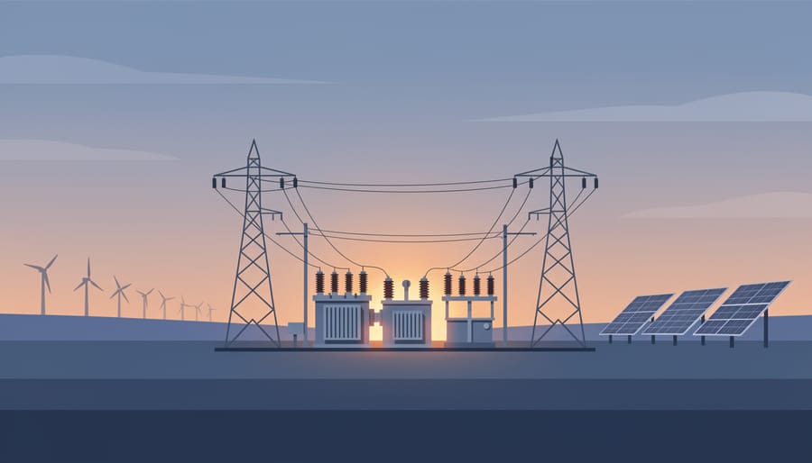 Electric substation infrastructure at dusk with wind turbines faintly visible in the background