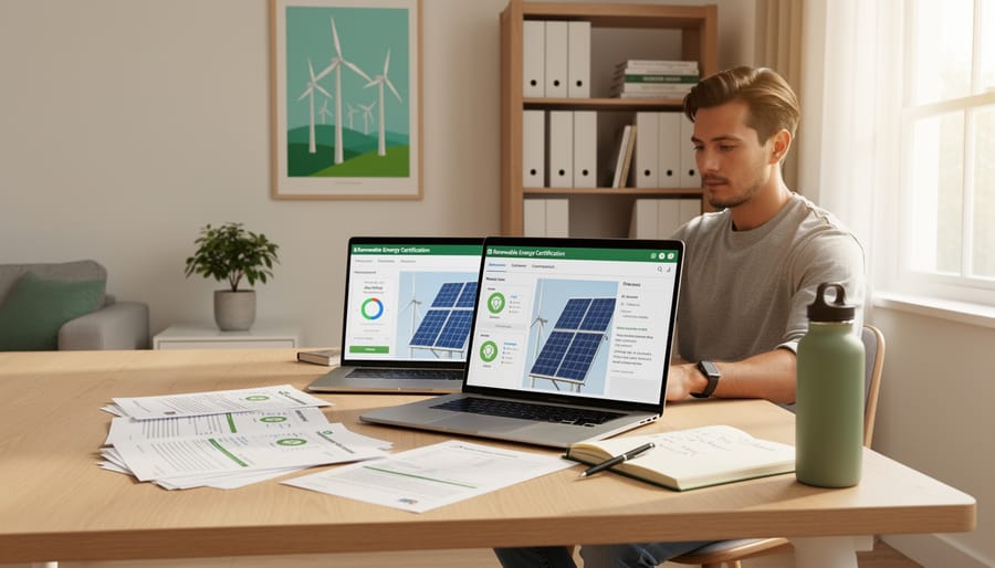 Person in a home office wearing a hard hat studying renewable energy on a laptop