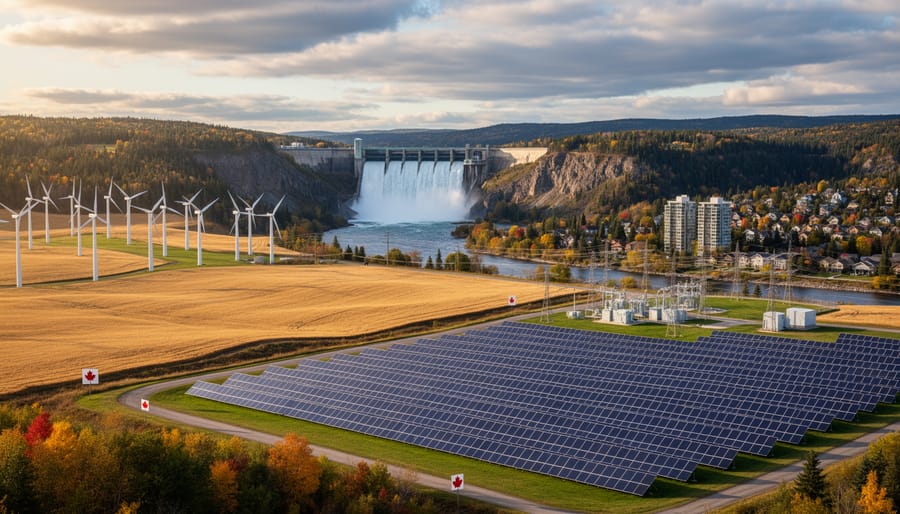 Wind turbines and solar panels across a Canadian landscape at golden hour with reflections on nearby water