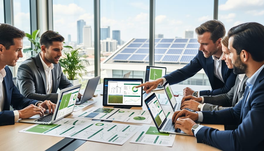 Investors discussing renewable energy investing in an office setting around a laptop and documents