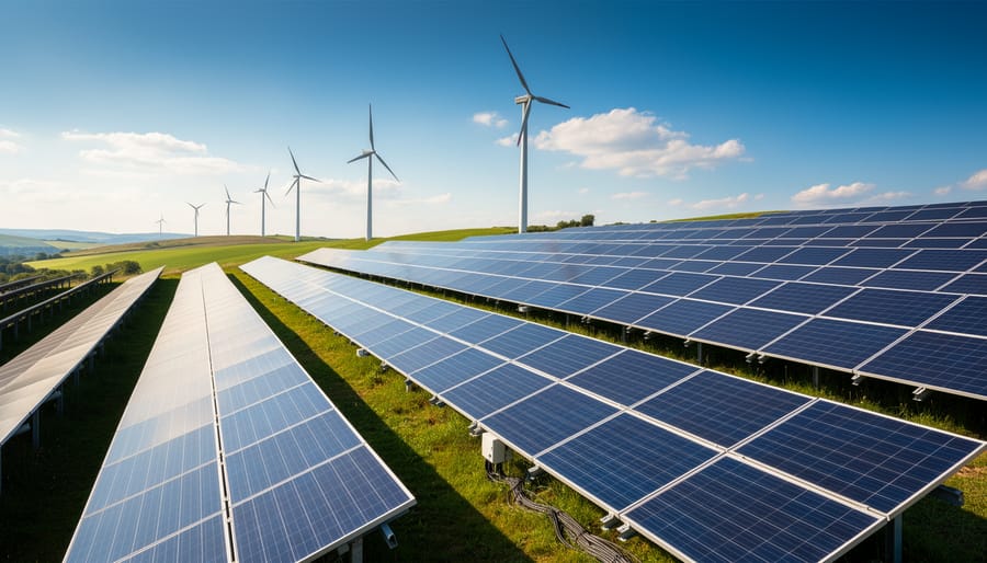 Wide view of solar panels in a renewable energy facility with wind turbines visible in the distance