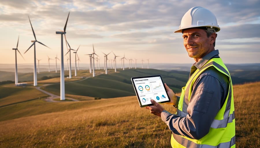 Renewable energy professional holding a tablet in front of a wind turbine farm at dusk
