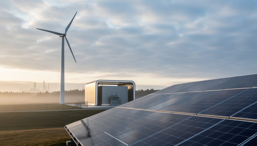 “Wind turbine and solar panel array at a Canadian renewable energy site during sunrise with distant treeline in the background.”