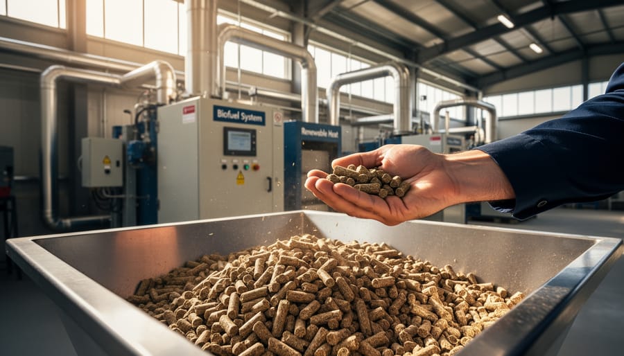 A biomass pellet boiler with visible flame heating industrial equipment.