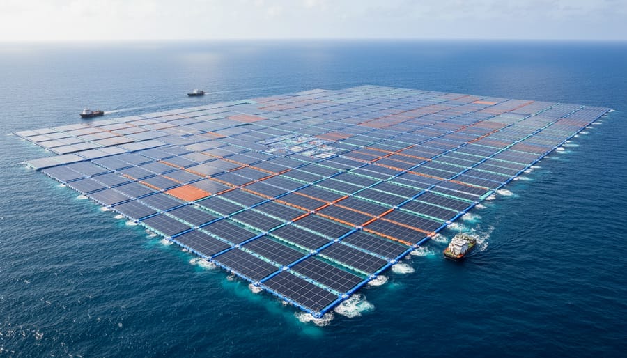 Aerial view of an offshore floating solar farm with surrounding open water and distant coastline