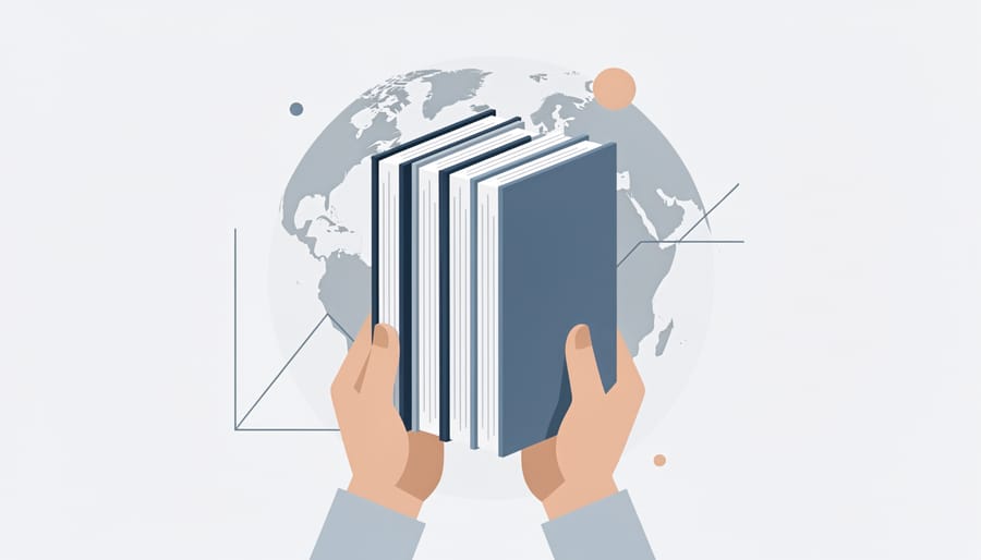 Close-up of hands holding peer-reviewed journal volumes on a desk