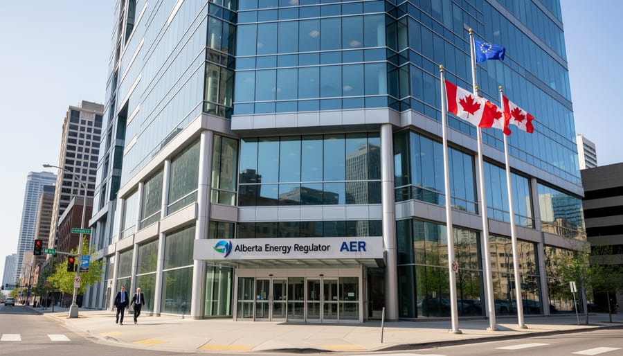 Exterior view of the Alberta Energy Regulator building with downtown Calgary in the background