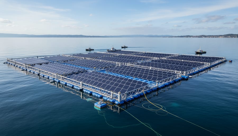 Floating solar panels installed on calm offshore water with the distant shoreline in the background