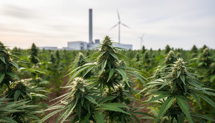 Industrial hemp stalks in a field with clean renewable energy infrastructure, including a biomass facility and turbine, blurred in the distance.