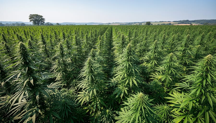 Industrial hemp plants growing in a Canadian field under an overcast sky.