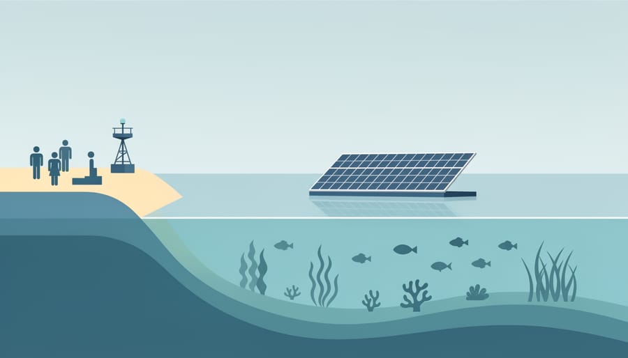 Marine scientist observing coastal water near an offshore solar structure