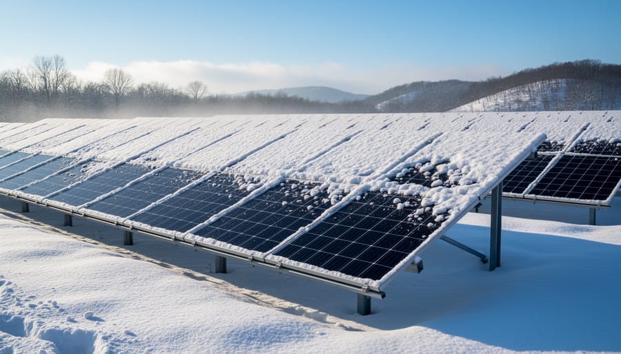 Solar panels covered with snow in a winter landscape