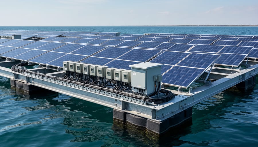 Solar panels on a floating platform with visible mooring and electrical equipment hardware in view