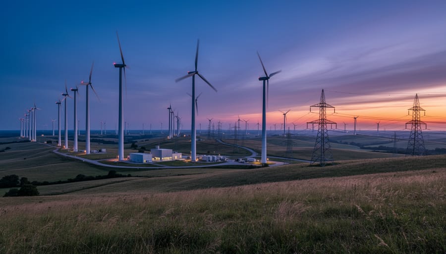Wind turbine farm at dusk with blades illuminated by golden hour sunlight