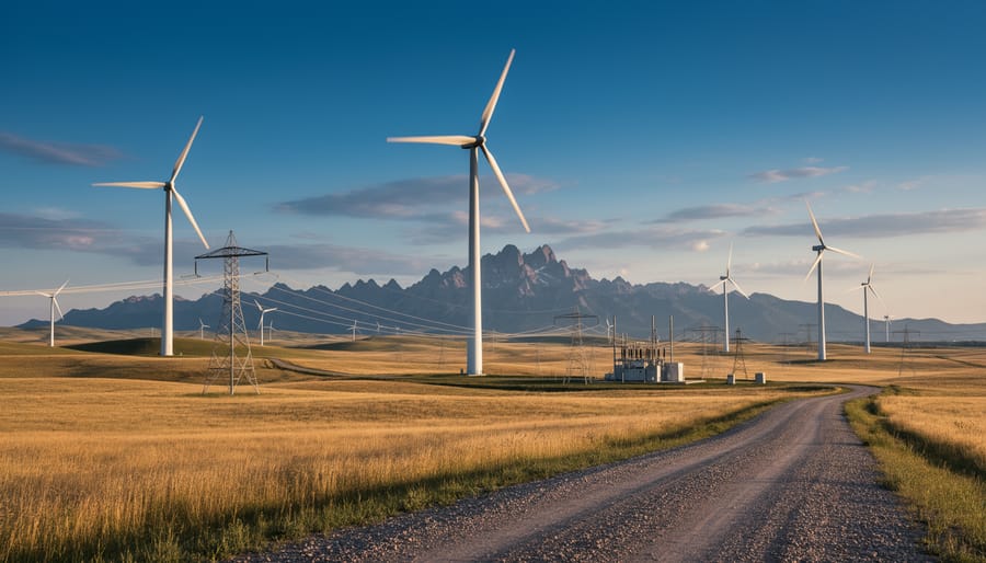Wind turbines in Alberta during golden hour with a blue-gray sky