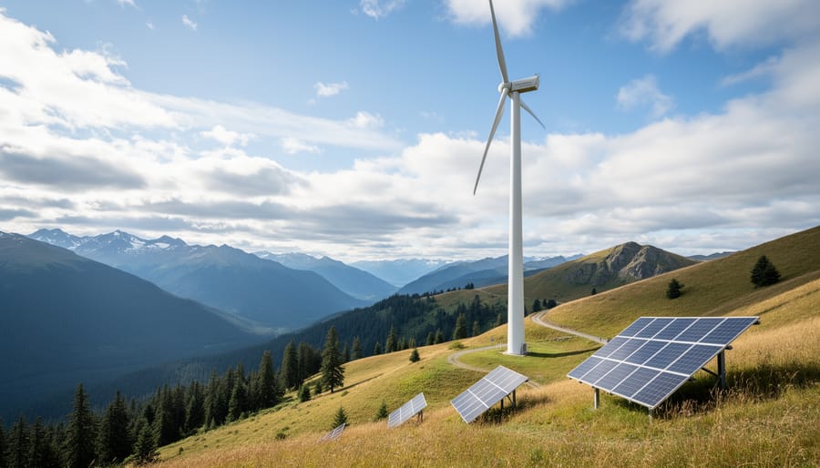 Wind turbine on a remote hillside in British Columbia with evergreen forest background
