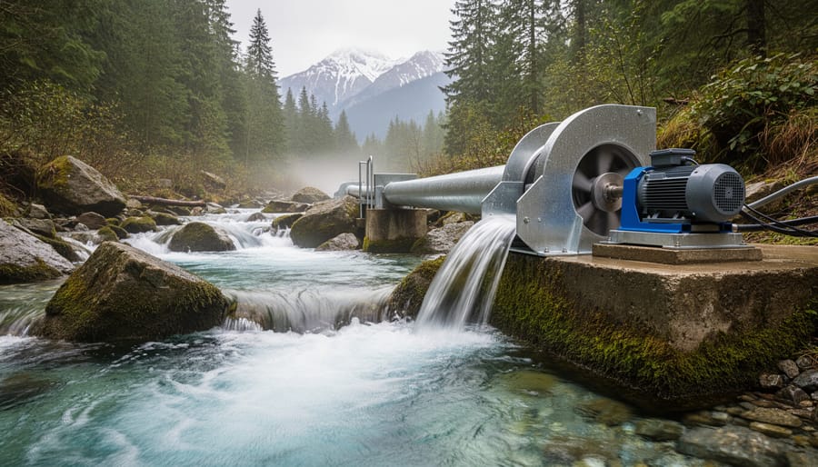 Stream in a forested area with micro-hydro intake and turbine components near the water