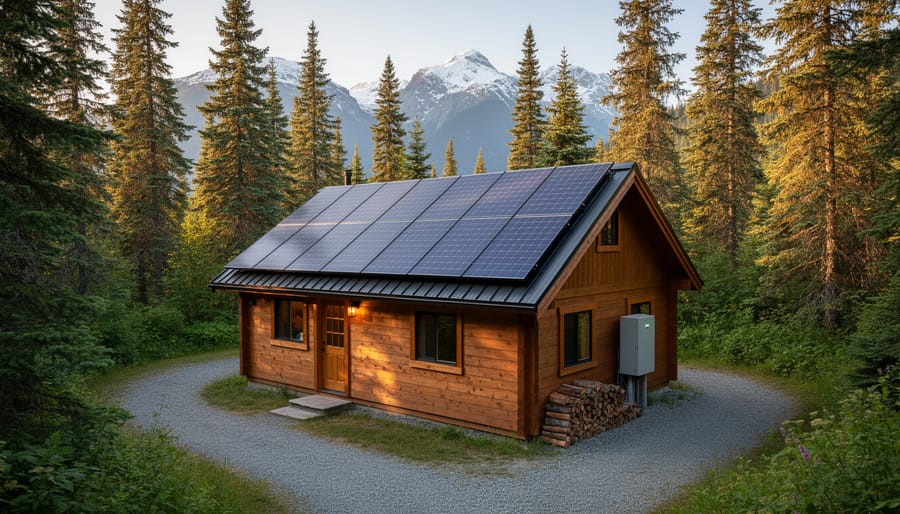 Remote cabin in British Columbia with rooftop solar panels and off-grid battery equipment near the foundation