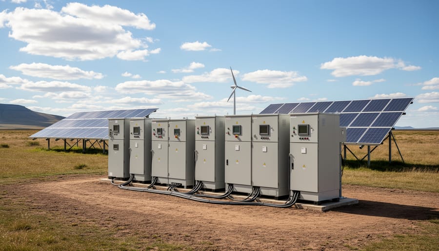 Off-grid battery bank in a utility room with modular battery racks and visible electrical connections
