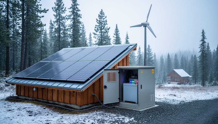 Solar panels, a small wind turbine, and a battery storage enclosure powering a remote cabin in snowy British Columbia.