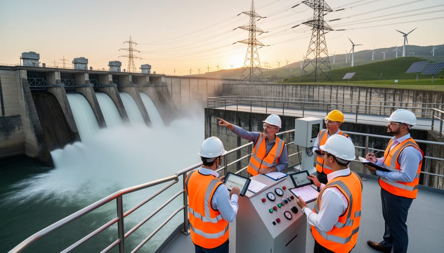Workers in safety gear standing near a hydropower dam and transmission lines at dusk