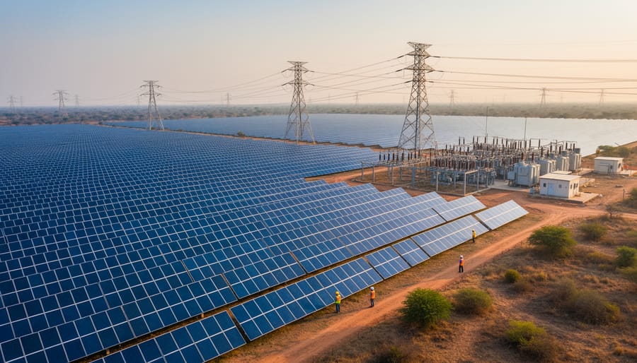 Large solar panel arrays near a power substation with power lines in the distance