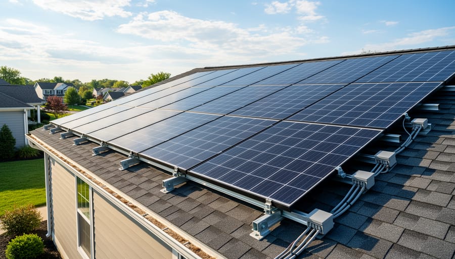 Residential rooftop solar panels installed with mounting rails visible under an overcast sky.