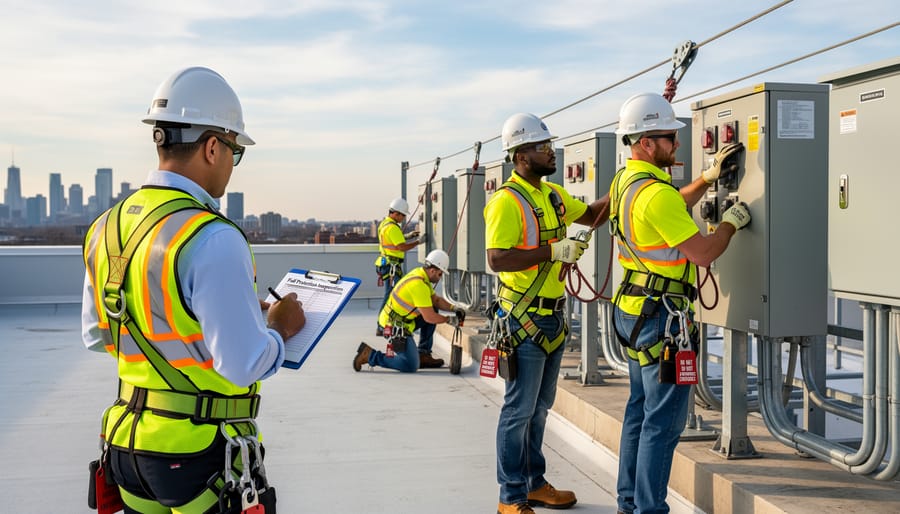 Person wearing a safety harness and insulated gloves standing on a ladder near a roof edge during solar installation preparation.