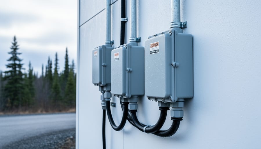 Inverter and weatherproof electrical conduit installed on the side of a Canadian home.