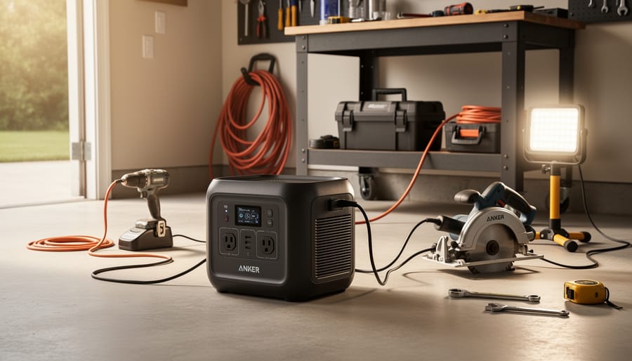 Anker 767 portable power station connected to a work tool in a rugged workshop setting