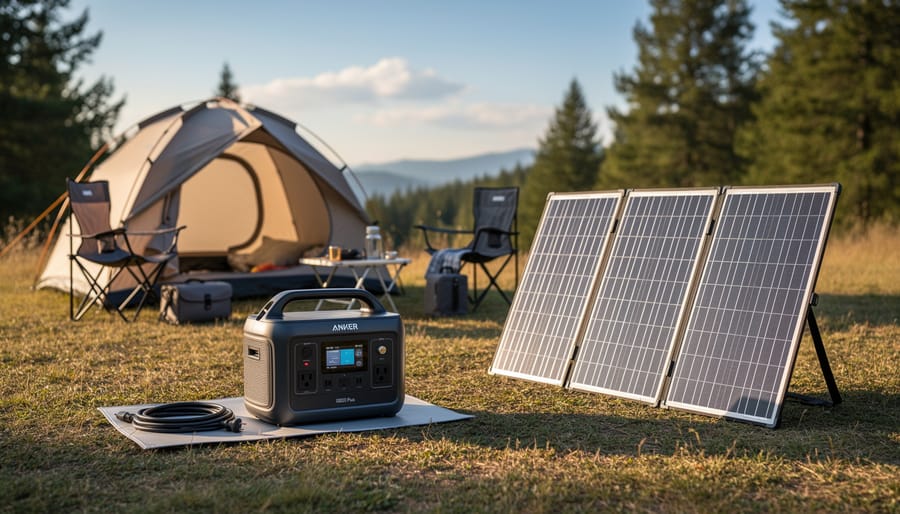 Anker Solix C800 Plus power station in a camping setup next to a portable solar panel