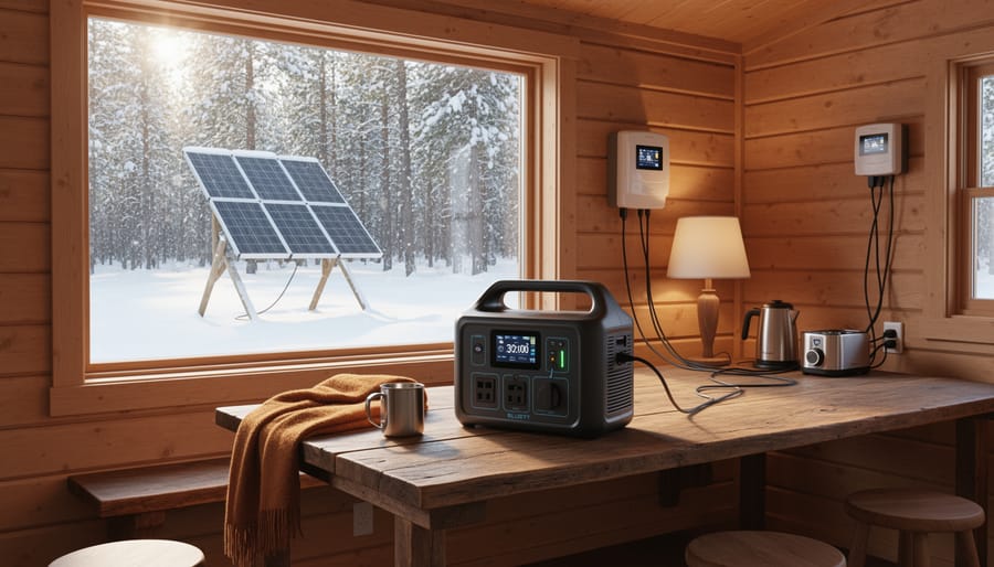 Bluetti Apex 300 power station inside an off-grid cabin with solar panels visible through a window