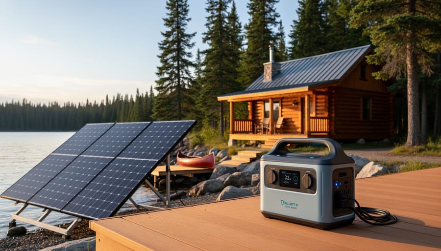 Bluetti Elite 200v2 portable power station with a connected solar panel in a Canadian outdoor setting
