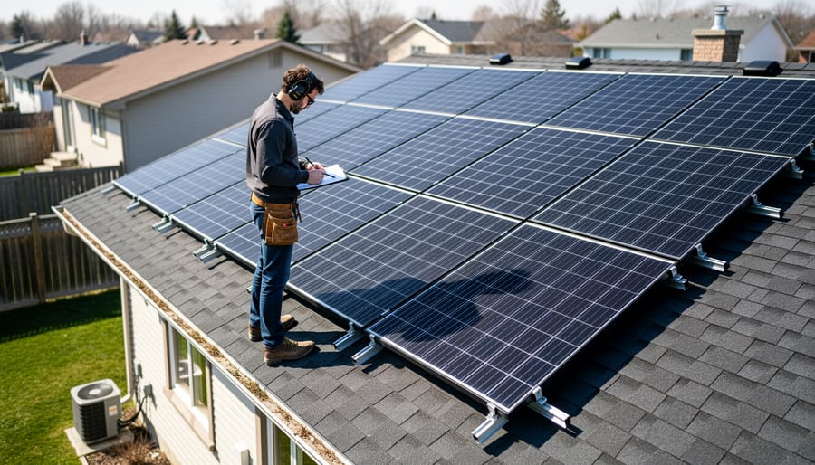 Homeowner inspecting rooftop solar panels on a residential house in Canada
