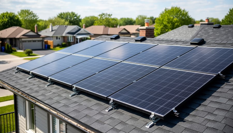 Rooftop solar panels installed on a residential home in Canada during golden hour sunlight