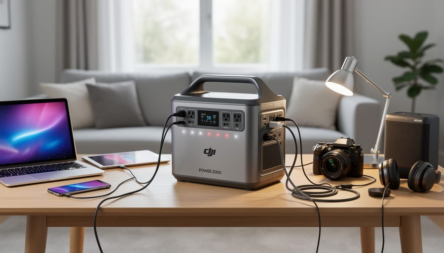 DJI Power 2000 with multiple cables connected to several devices at a home workspace desk