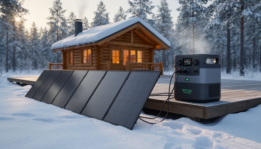 EcoFlow Delta 3 Ultra Plus charging beside solar panels outside a remote snowy cabin