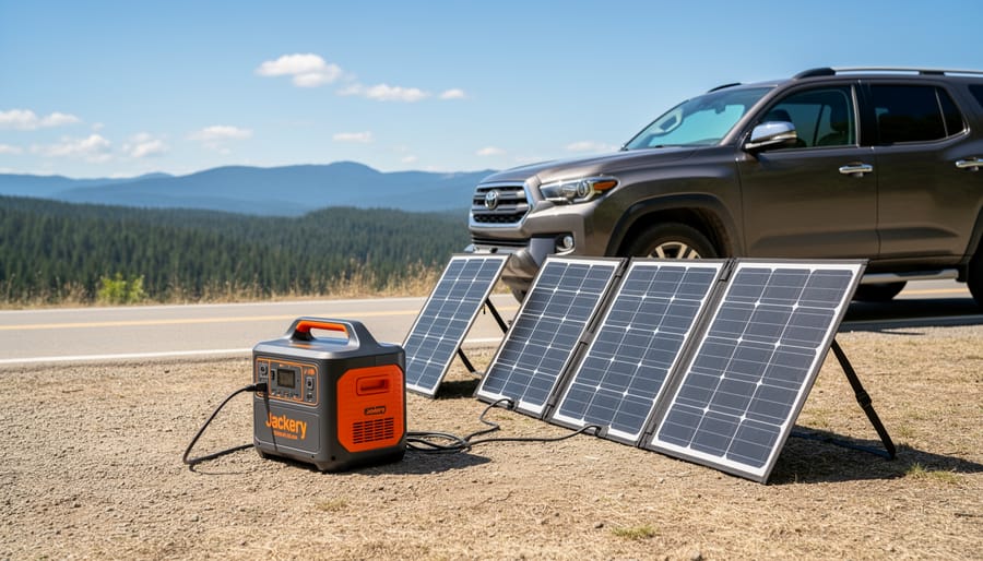 Jackery Explorer 2000 Plus power station with deployed solar panel next to an SUV on a Canadian trip