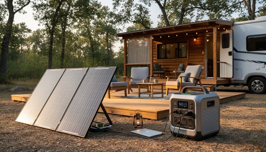 Portable solar generator connected to a folding solar panel at a cottage