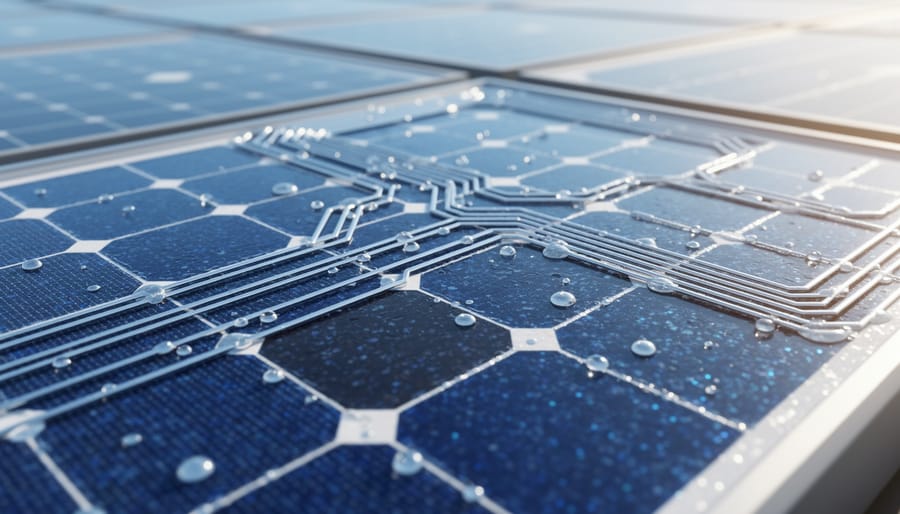 Close-up view of photovoltaic solar panel cell surfaces and metallic grid lines