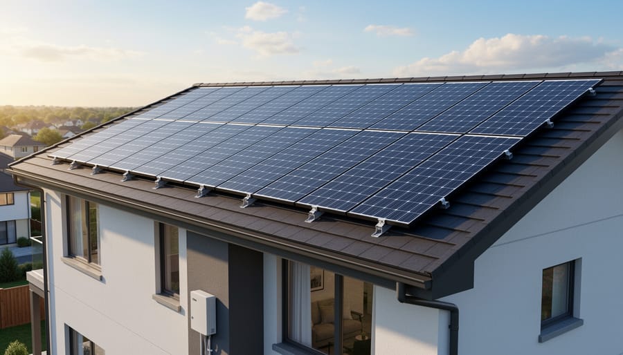 Rooftop solar panels installed on a residential home under a cloudy sky