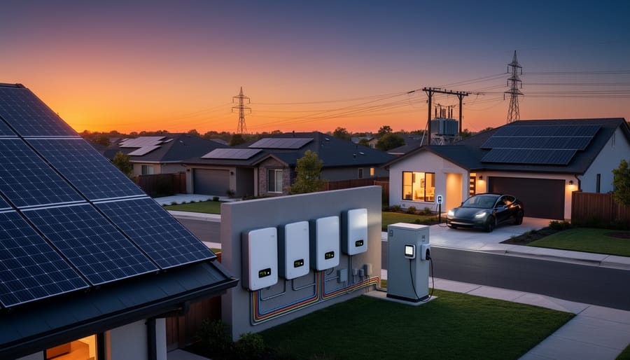 Battery or inverter equipment near a Canadian home during dusk lighting
