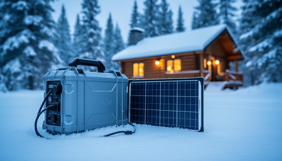 Portable solar generator with a fold-out solar panel placed on snowy ground beside a Canadian cabin in cold winter conditions at dusk.